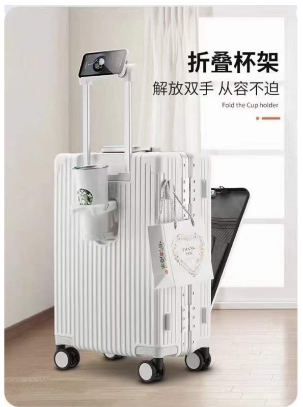 حقيبة 24 بوصة أمامية مفتوحة الصلبة القشرة الإطار الألومنيوم مع منفذ شحن USB TSA قفل حامل كوب وحامل الهاتف المتوسط