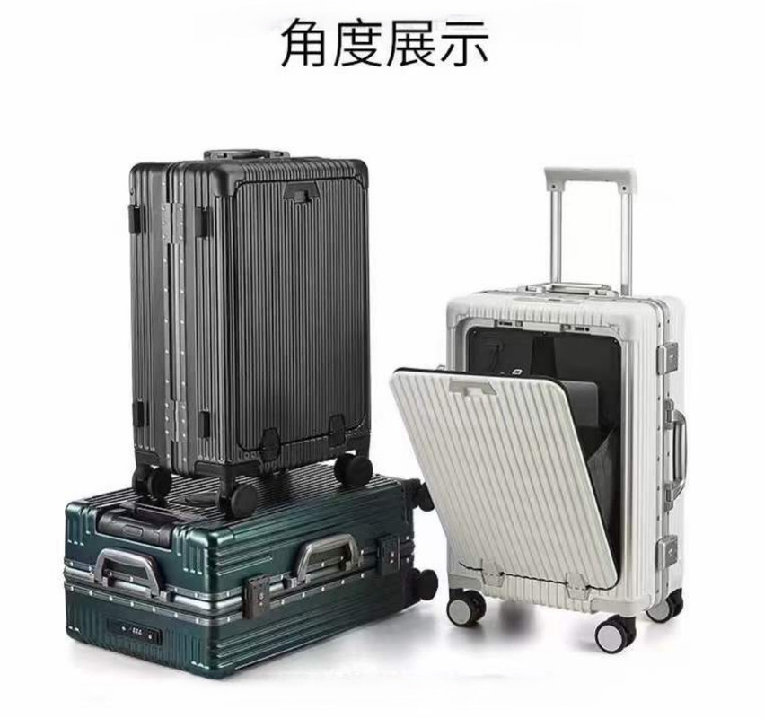 حقيبة 24 بوصة أمامية مفتوحة الصلبة القشرة الإطار الألومنيوم مع منفذ شحن USB TSA قفل حامل كوب وحامل الهاتف المتوسط